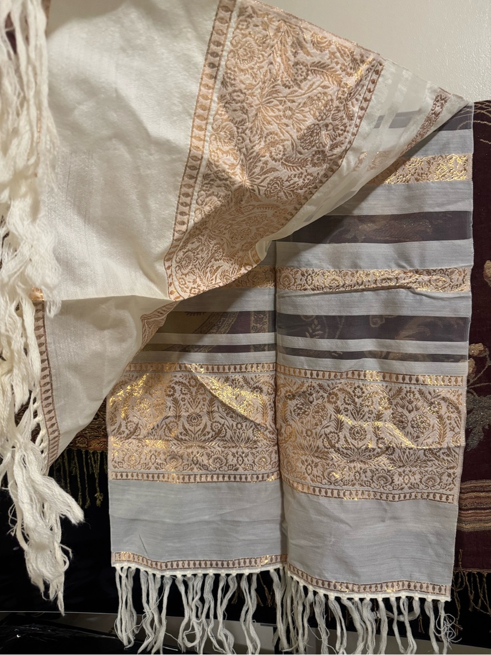 Elegant Cream and Gold Embroidered Home Throw / Decorative Bedding